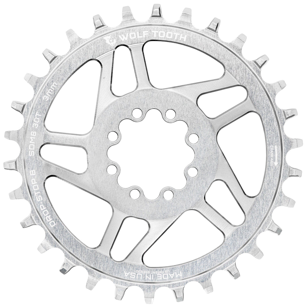Wolf Tooth Direct Mount Chainrings for SRAM 8 - Bolt Mountain Cranks - Raw Silver Drop - Stop B (3mm Offset)