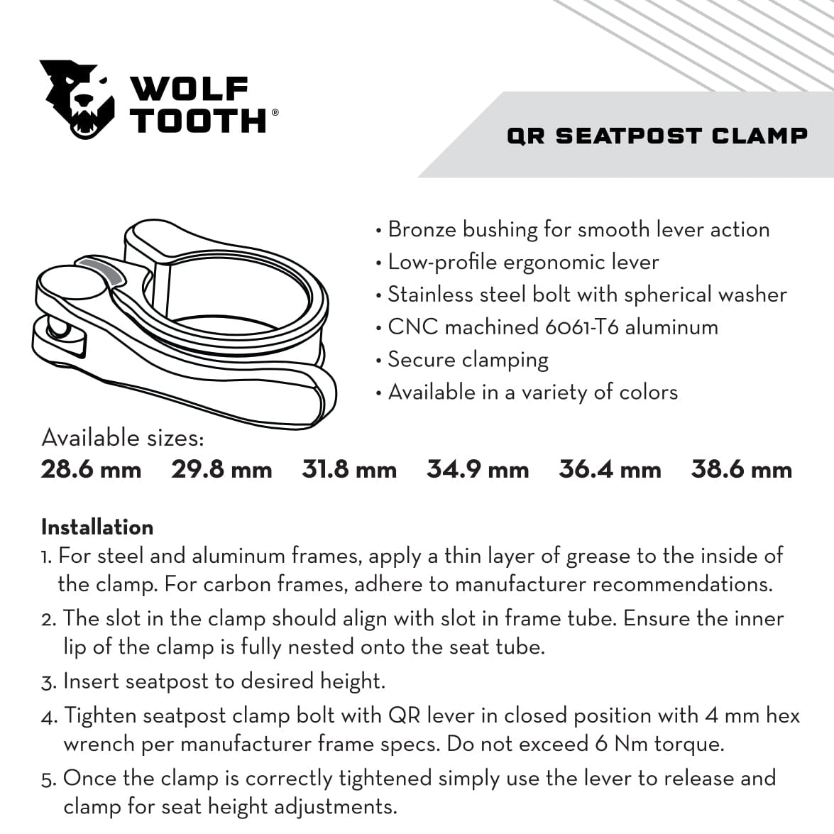 Wolf Tooth Seatpost Clamp Quick Release 28.6