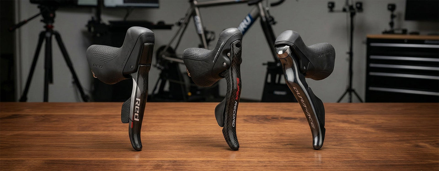 Shimano Di2, SRAM AXS, and Campagnolo wireless shift levers compared side by side